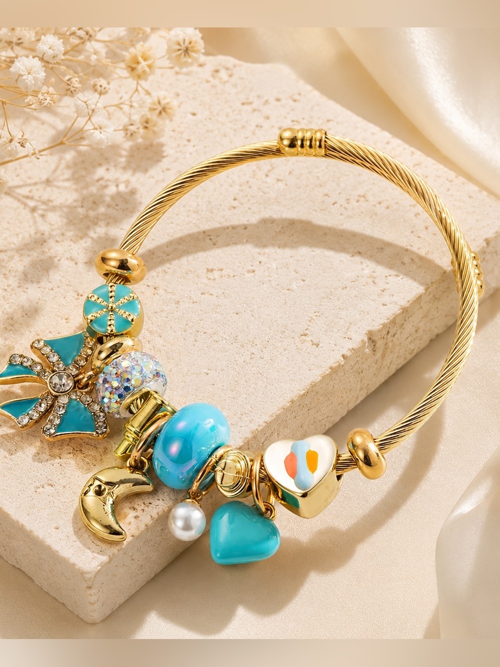 Gold Charm Bracelet with Turquoise Charms | Elegant Boho Statement Bangle